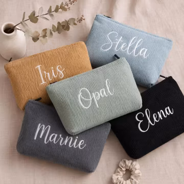 Soft Corduroy Zippered Makeup Pouch , Custom Embroidered Name Cosmetic Bag, Portable Travel Toiletry Bag, Versatile Gift for Bridesmaids