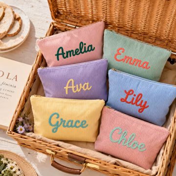 Personalized Travel Makeup Pouch, Seersucker Cosmetic Bag with Chenille Name, Beach Vacation Gift, Teacher Gift for Her