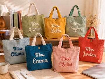 Personalized Teacher Tote Bag, Custom Corduroy Gift with Chunky Yarn Name
