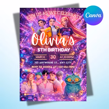 kpop Birthday Invitation | Kpop Demon Hunters Birthday Invitation | Editable Canva Template | Kpop Anime Invite | Printable Invite Card
