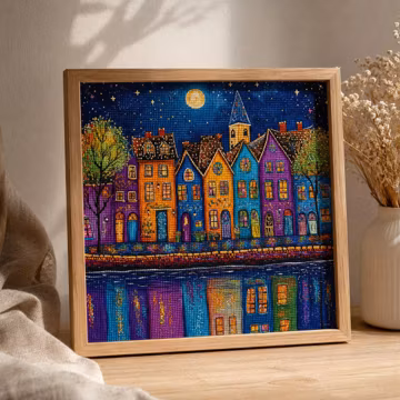 Colorful Village Cross Stitch Kit Rainbow Houses Whimsical Town DIY Needlework Wall Art 40x40cm