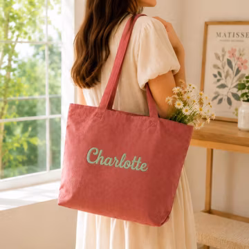 Custom Name Corduroy Tote Bag, Monogram Shoulder Bag with Zipper, Personalized Bridesmaid Gift, Bridal Party Tote