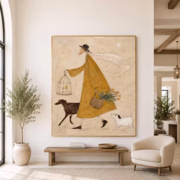 Vintage man Walking Dogs Painting, Cottagecore Wall Art, Whimsical Figurative Canvas, French Country Decor, Dog Lover Gift