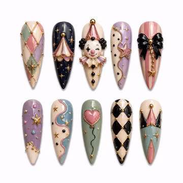 Pastel Stardust Carnival Luxury Press-On Nails β Handcrafted 3D Harlequin Clown & Celestial Charm Fantasy Set
