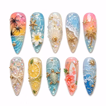 Tropical Ocean Paradise Luxury Press On Nails โ 3D Beach Sunset, Mermaid Waves, Lemon & Turtle Summer Vacation Nails