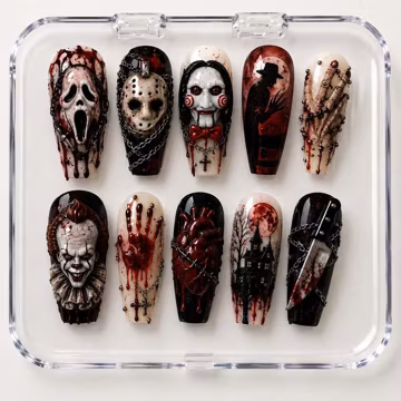 Handmade Horror Icons Press On Nails – 3D Slasher Movie Gothic Coffin Set