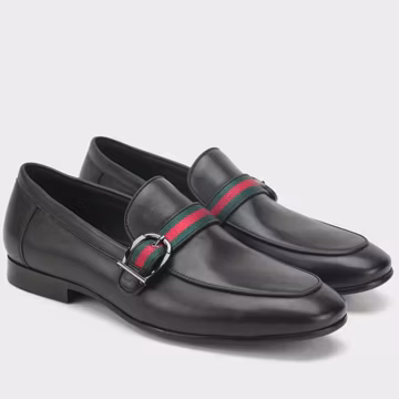 Men's Handmade black leather buckle loafers, slip-on genuine leather dress shoes