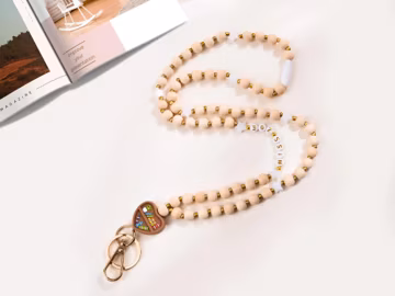 Personalized Boho Teacher Lanyard with name, Glass Seed Beads, Badge Holder, Teacher Gift, Wood Beads and Gold Lanyard, ID Badge