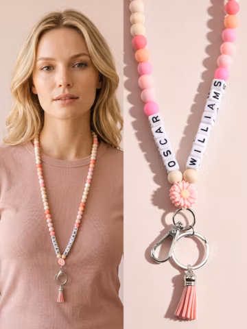 Personalized Wooden Beaded ID Lanyard for Teachers,Boho Silicone Beaded Lanyard with Tassel,Custom Rainbow Silicone Lanyard Add Name, Grade