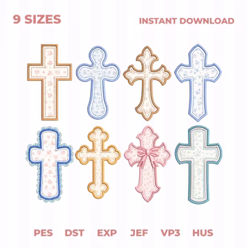 Cross Applique Embroidery Design Bundle, Christian Religious Machine Embroidery File, Baptism Christening Church Pattern PES DST for Shirt