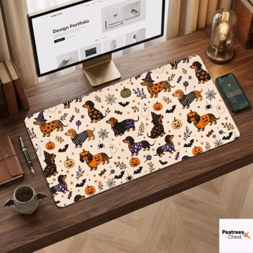 Halloween Dachshund Desk Mat, Spooky Wiener Dog Mouse Pad, Pumpkin Doxie Desk Pad, Cute Sausage Dog Office Decor