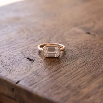 Emerald Cut Moissanite Ring, Rose Gold Bezel Engagement Ring, East West Solitaire, Minimalist Bridal Jewelry, Rectangular Wedding Ring
