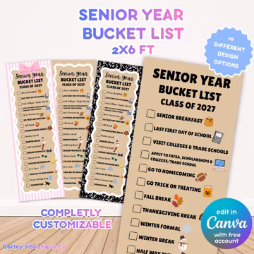 Senior Year Bucket List Banner Template, Class of 2027, Customizable Checklist (Digital Download)
