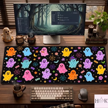 Colorful Ghost Pumpkin Mouse Pad, Cute Halloween Desk Mat, Coquette Spooky Season Mousepad, Fall Ghost Pumpkin Desk Decor
