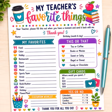 My Teacher's Favorite Things | Printable Teacher Survey | Teacher Appreciation Gift | Get To Know My Teacher | End of Year Gift | Pastel