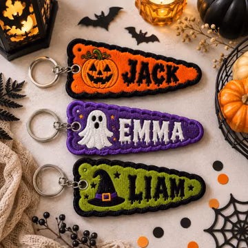 Custom Embroidered Halloween Keychain With Name, Kids Backpack Name Tag, Halloween Bag Charm, Spooky Embroidery Keyring