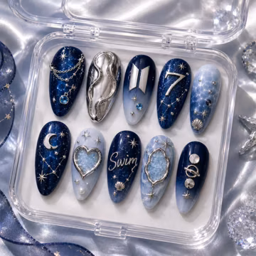 BTS Night Ocean Luxury Press On Nails | Navy Blue 3D Chrome Kpop Fake Nails