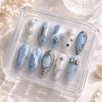 BTS Ocean Breeze Press On Nails | Kpop Custom Fake Nails | Blue Marble Wave False Nails with Starfish, Pearl & Silver Metallic Details
