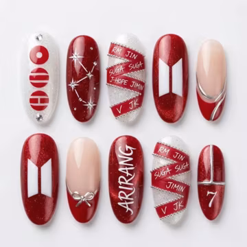 Red Glitter French Kpop Press On Nails | Luxury Caviar Bead Ribbon Fake Nails | Constellation Starry Glue On Nails | Long Oval Custom Gift