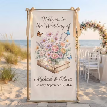 Custom Name Wedding Sign, Personalized Floral Cotton Linen Tapestry, Book Ceremony Decor, Beach Reception Welcome Banner, Butterfly Lovers