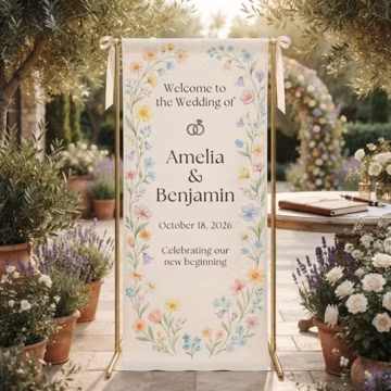Custom Name Botanical Wedding Banner, Personalized Wildflower Linen Tapestry, Garden Ceremony Welcome Backdrop, Floral Couple Entrance Decor