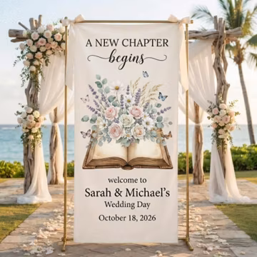 Custom Name Welcome Wedding Tapestry, Personalized Linen Garden Ceremony Banner, Floral Book Decor, Romantic Reception Entrance Backdrop
