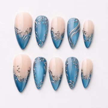 3D Silver Chrome Press On Nails, Blue Swirl Almond False Nails