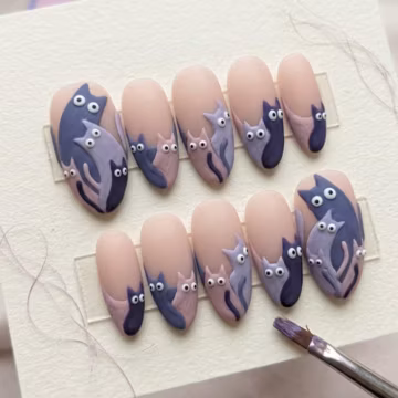 3D Purple Cat Press On Nails | Kawaii Googly Eye French Tip Nails | Matte Lavender Whimsical Cat Nails | Cute Animal Lover False Nails V0303