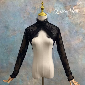 Gothic Black Floral Lace Bridal Bolero, Long Sleeve Eyelash Lace Bridal Cover Up