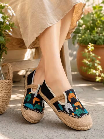 Embroidered Linen Espadrille Flats Women Boho Summer Shoes Rattan Lined Slip On Loafers Handmade Casual Low Heel 0.4-1.2 Inch