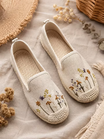 Hand Embroidered Linen Espadrille Flats for Women, Boho Slip On Summer Shoes, Wildflower Canvas Loafers, Handmade Cottagecore Shoes, Gift