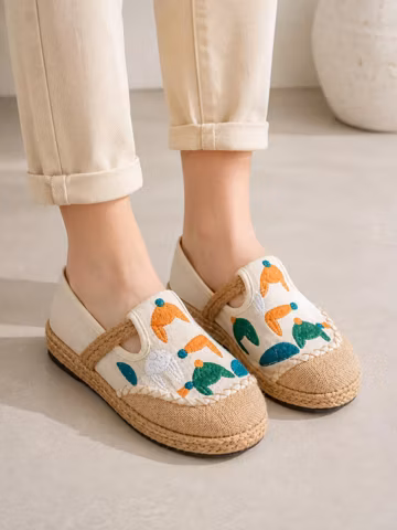 Linen Embroidered Espadrille Flats Women Woven Grass Shoes Boho Summer Slip On Shoes Handmade Floral Canvas Low Heel Casual Shoes