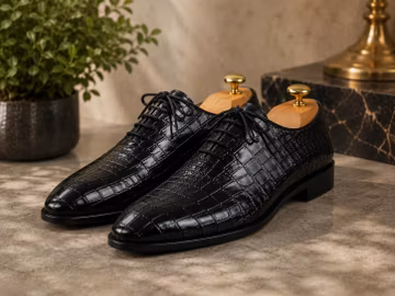 Handmade Black Croc Embossed Leather Oxford Shoes | Luxury Men's Dress Shoes | Formal Wedding Groom Business Shoes