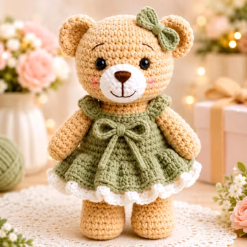 Cottagecore Crochet Doll Pattern, Amigurumi Flower Girl Tutorial, Crochet Teddy Bear in Dress, Cute DIY Stuffed Animal PDF, Step by Step Cro