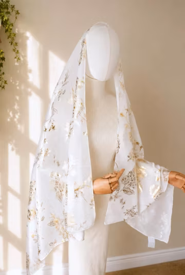 Floral Gold Wrap Shawl | Soft Lightweight Summer Scarf | Elegant Evening & Wedding Cover Up | Breathable Veil for Women | Gift for Her