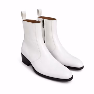 White Leather Zip Boots, Handmade Men High Heel Cuban Dress Boots