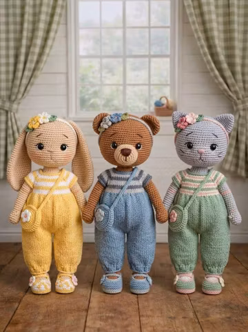 3 in 1 Amigurumi Crochet Pattern Bundle | Bunny Bear and Cat Crochet Pattern PDF | Intermediate Amigurumi Animals | Zeenya Craft Doll Collec