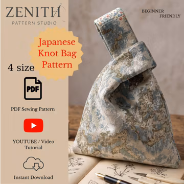 Japanese Knot Bag pattern, 4 Size Knot bag, Sewing bag pattern and Video Tutorial, Beginner Friendly, PDF Download, (A4, US letter, AO)