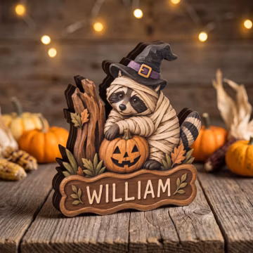 PERSONALIZABLE Halloween Wooden Block, Cute Raccoon Mummy Pumpkin Decor, CUSTOMIZABLE Name Gift For Kids, Families, And Animal Lovers