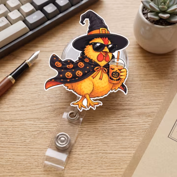 Halloween Chicken Badge Reel, Funny Witch Hen Acrylic ID Holder, Cute Cartoon Gift For Nurses Coworkers Friends, Spooky Fall Accessory