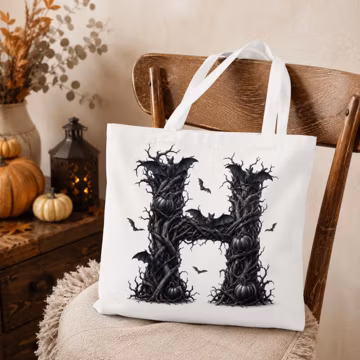 PERSONALIZABLE Halloween Tote Bag, Gothic Initial Monogram Bag, CUSTOMIZABLE Letter Tote, Spooky Bat Pumpkin Gift For Her Or Friend
