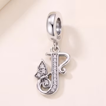 Genuine S925 Sterling Silver Letter J Butterfly Dangle Charm - Fits Pandora Bracelet