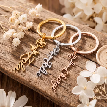 Custom Name and Birth Flower Keychain, Personalized Metal Keyring with 12 Month Flower, Gift for Birthday Bridesmaid Mother's Day Graduation