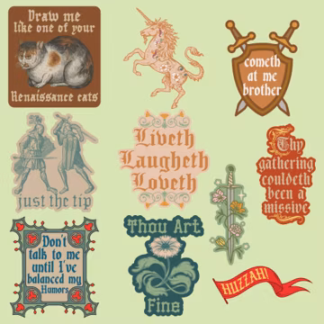 Huzzah! 10 Fantasy Stickers - Medieval Sword & Character Stickers
