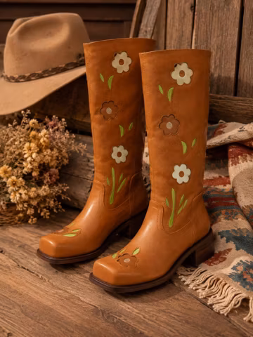 Women Floral Western Cowboy Boots Plus Size Knee High Tall Boots Embroidered Flower PU Leather Cowgirl Boots Wide Calf Boots Boho Shoes