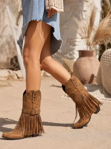 Tan Fringe Cowgirl Boots, Studded Western Mid Calf Boots, Faux Leather Boho Cowboy Boots for Women, Wide Calf Plus Size, 2 Inch Block Heels.