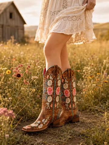 Embroidered Western Cowboy Boots for Women Floral Tall Boots Boho Country Cowgirl Boots Vintage Ranch Style Faux Leather Large Size Shoes