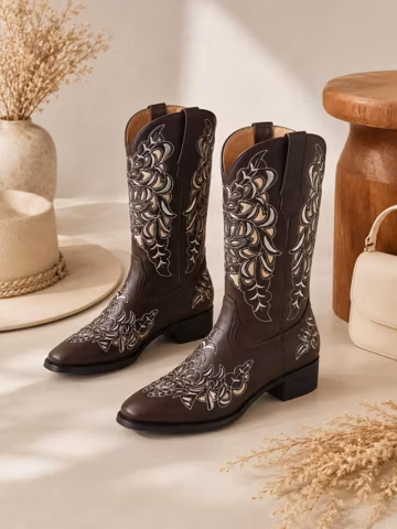 Embroidered Western Boots for Women, Vintage Cowboy Boots, Floral Stitching Mid Calf Riding Boots, Brown PU Leather Boots, Large Size