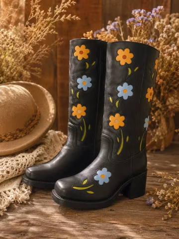 Women Floral Western Cowboy Boots Plus Size Knee High Tall Boots Embroidered Flower PU Leather Cowgirl Boots Wide Calf Boots Boho Shoes