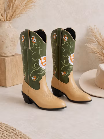 Women's Embroidered Cowboy Boots Floral Western Boots Retro Tall Riding Boots Chunky Heel Vegan Leather Cowgirl Boots Wide Size Shoes